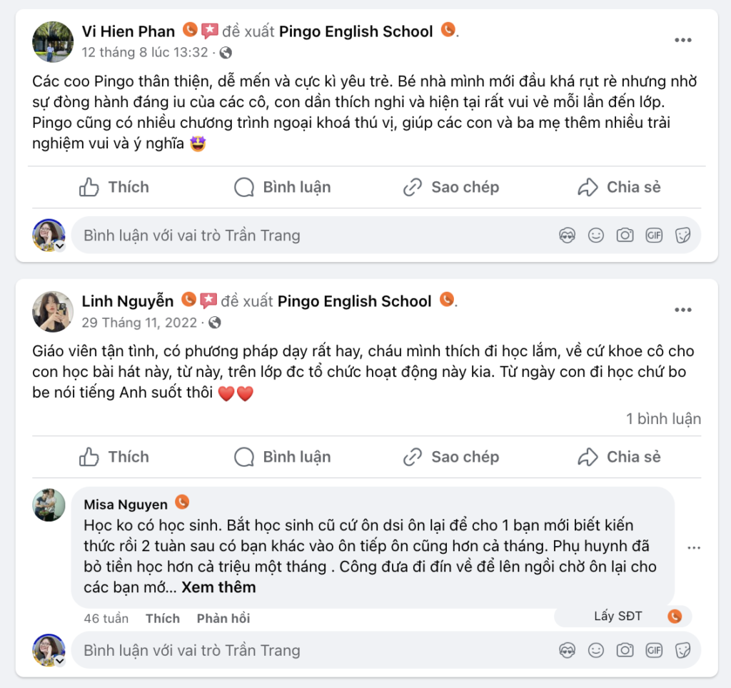 phụ huynh đánh giá trung tâm tiếng anh trẻ em Pingo